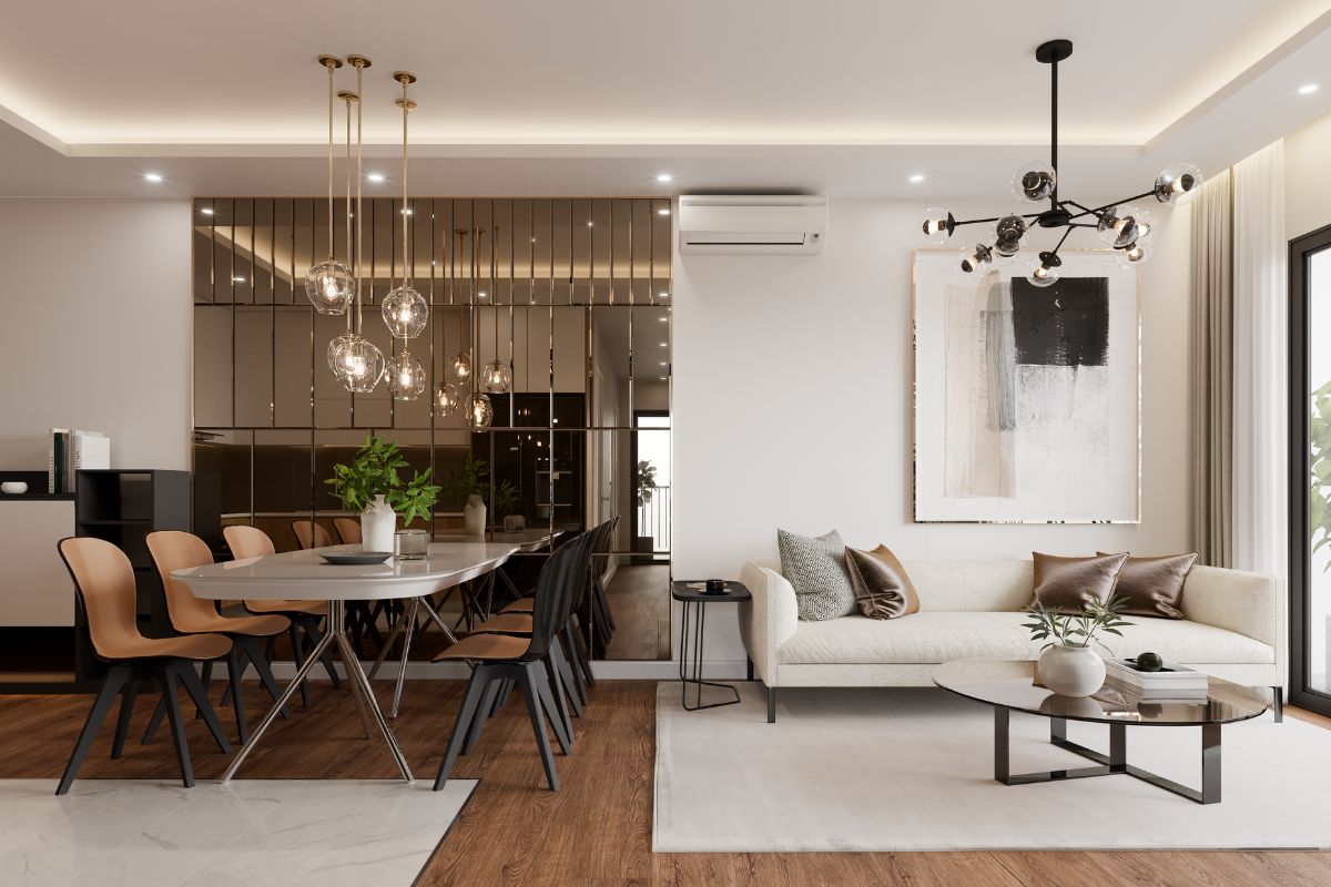 Sala de estar moderna con mesa de comedor y sillas, decorada con estilo contemporáneo y colores neutros